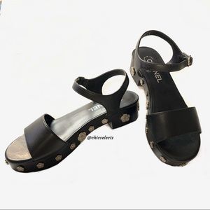 AUTHENTIC CHANEL BLACK CAMELLIA STUDS SANDALS
